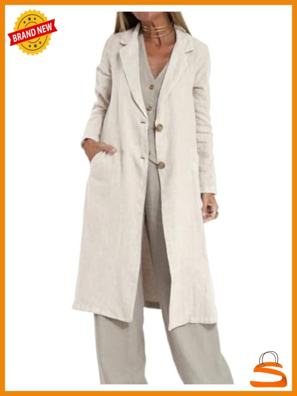 Long Linen Blazer Jacket Casual Lightweight Trench Coat Notch Lapel